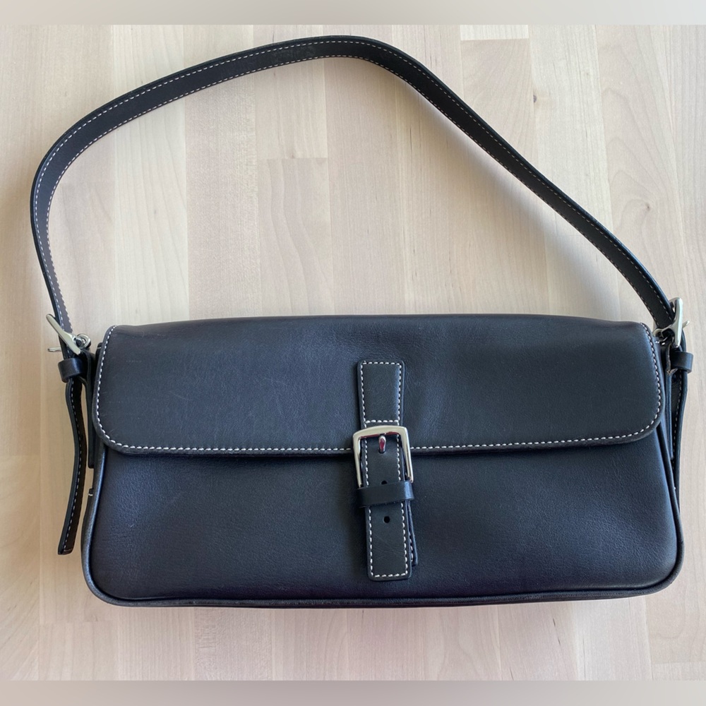 Coach Hamptons Black Leather Flap Bag- Black/ Silver